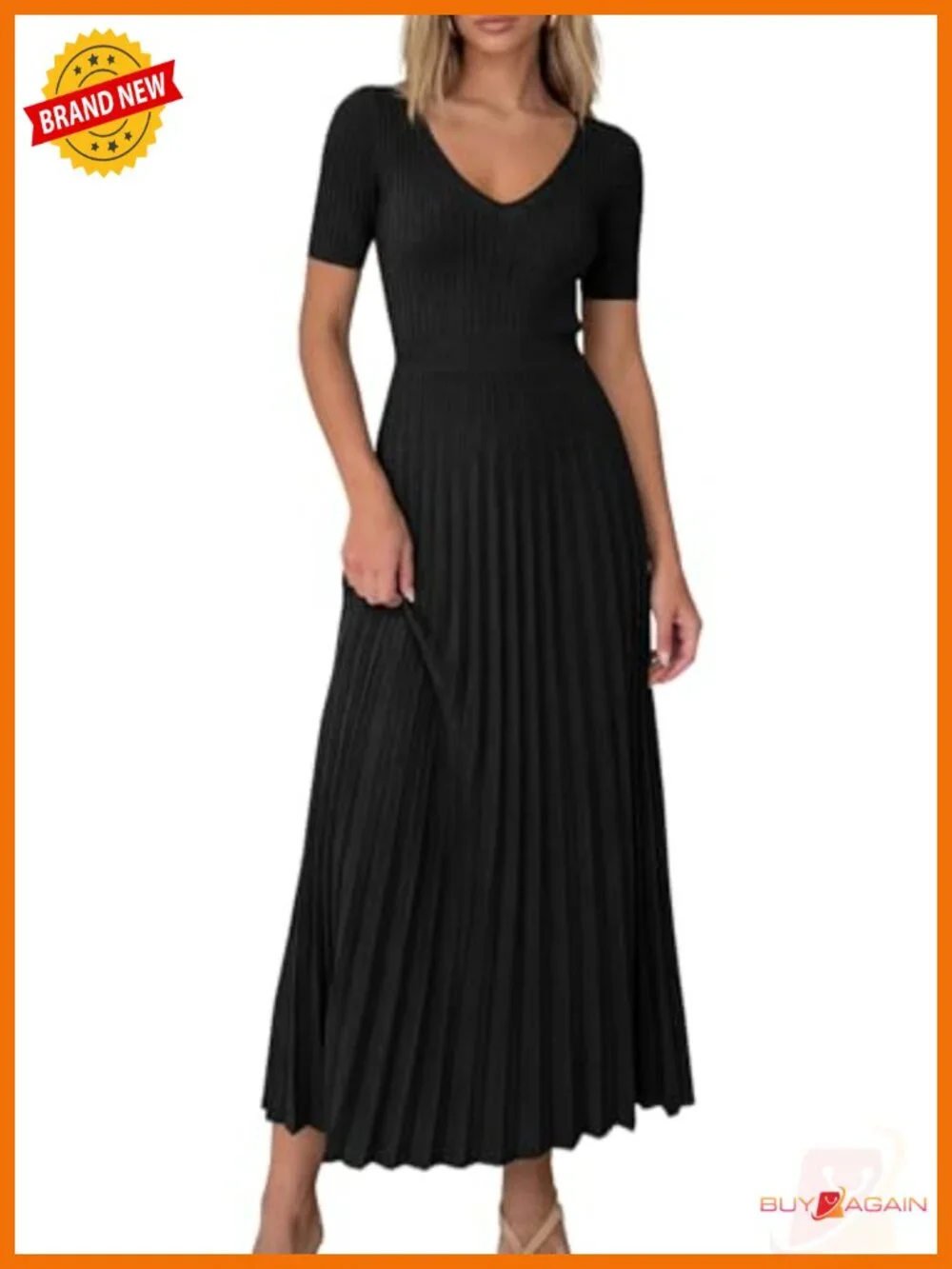 Women's Midi Pleated Knit Sweater Dress V-Neck Short Sleeve Casual
